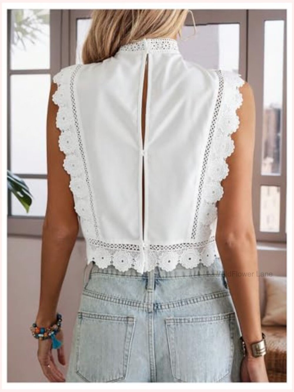 Mock Neck Sleeveless Floral Embroidery Lace Trim Crop Top Blouse - Picture 2 of 4
